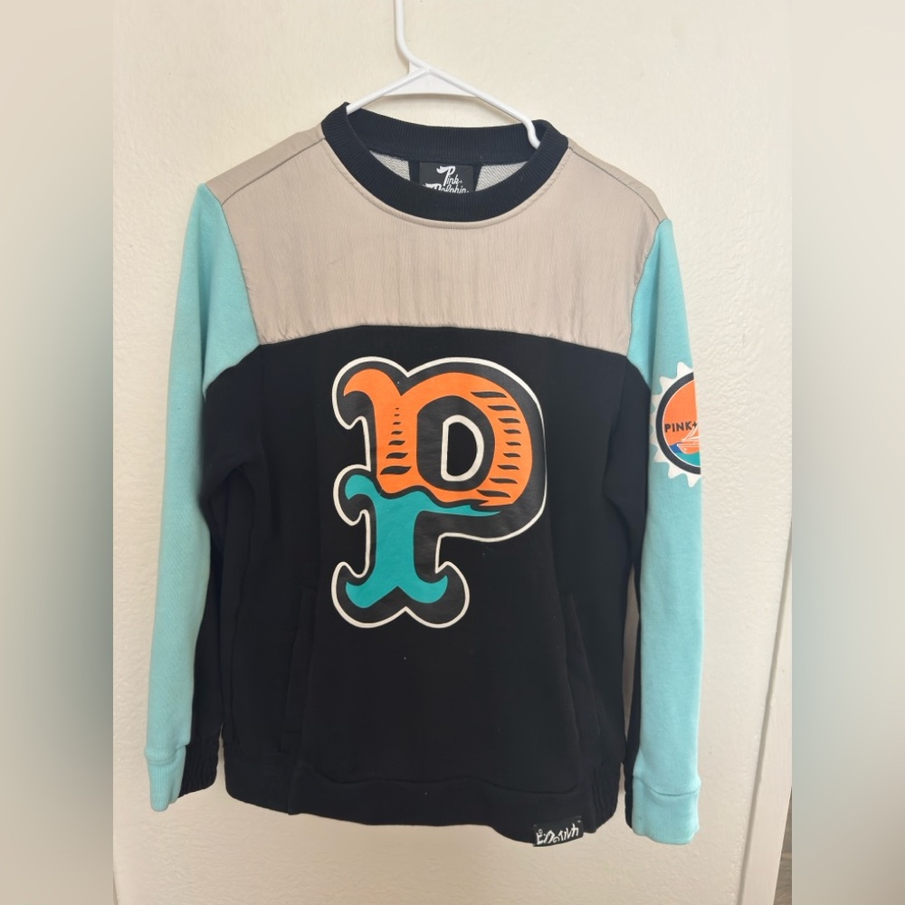 Pink Dolphin Men's Black and Teal Crewneck Sweater